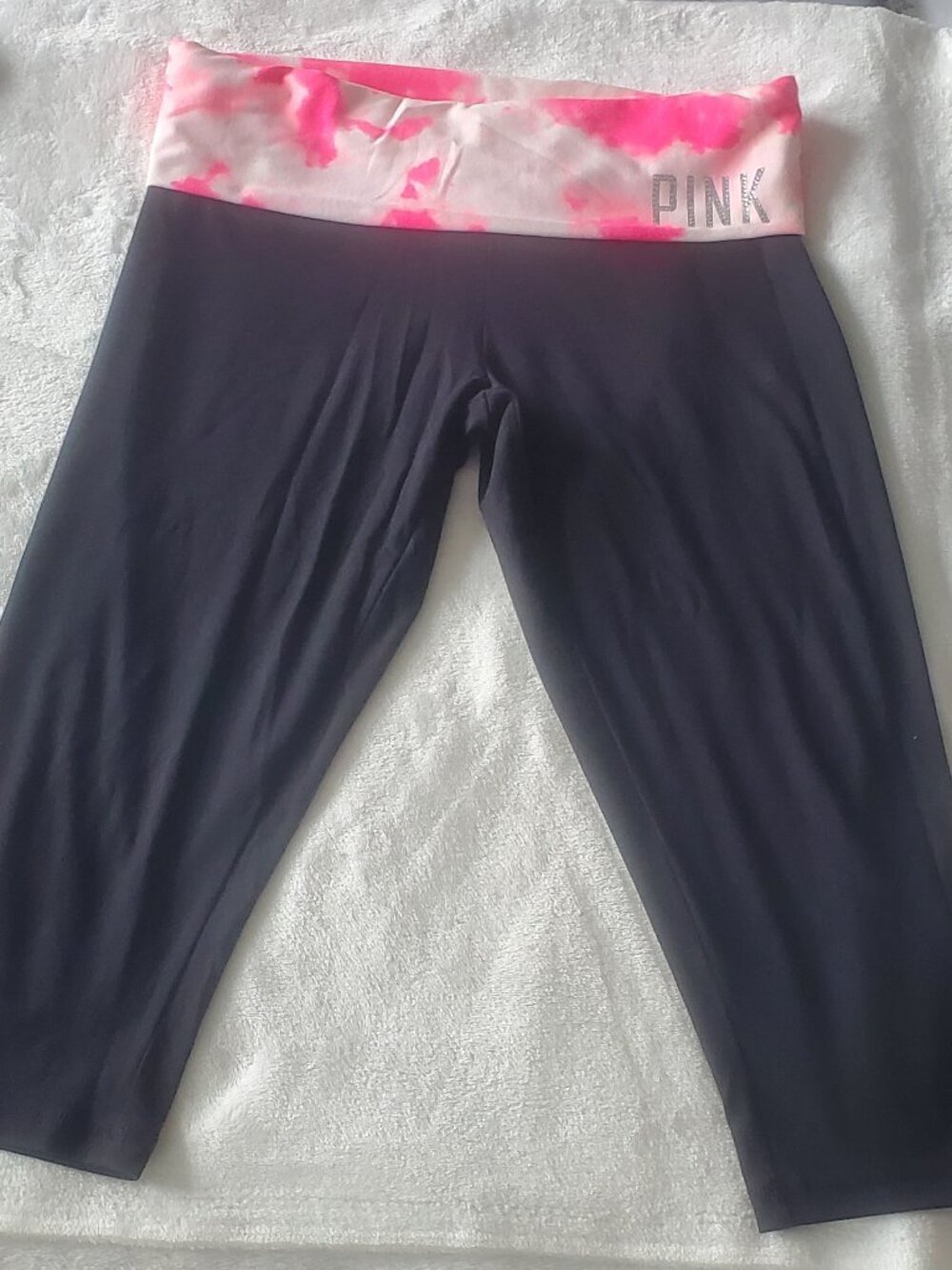 PINK YOGA pants with silver letter bling and pink foldover waist Size: S  EUC!
